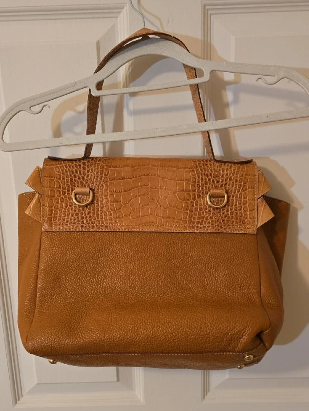 IACUCCI Italy Croc-Embossed & Pebbled Leather Flap Satchel Bag – Honey/Tan